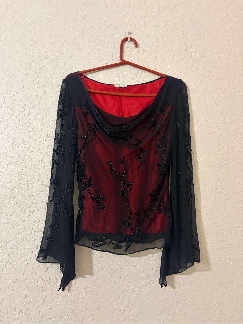 Cache Black Beaded Sheer Overlay Top with Red Lining